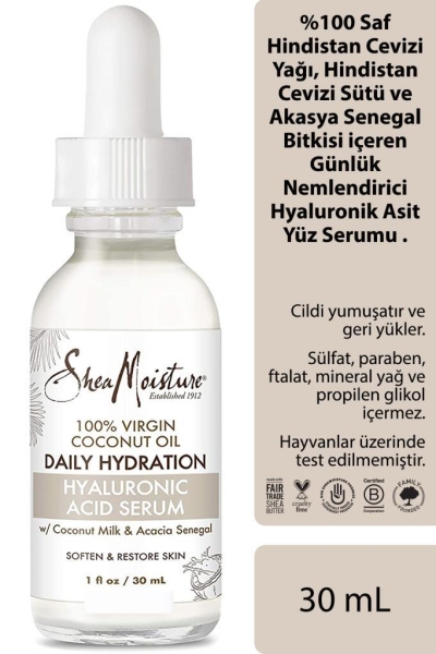 Shea Moisture %100 Saf Hindistan Cevizi Yağlı Günlük Nemlendirici Hyaluronik Asit Yüz Serumu 30ML - 1